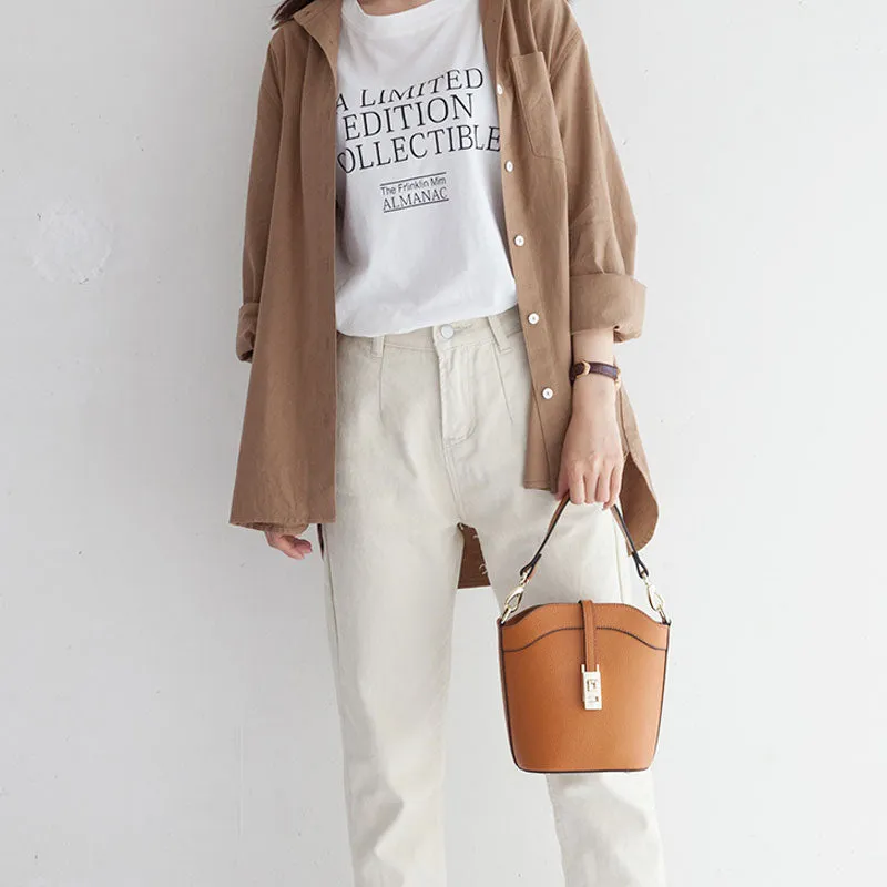 Leather Womens Stylish Mini Bucket Handbag Crossbody Purse Barrel Shoulder Bag for Women