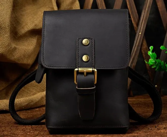 Mens Leather Small Side Bag  Waist Pouch COURIER BAG Holster Belt Case Belt Pouch for Men