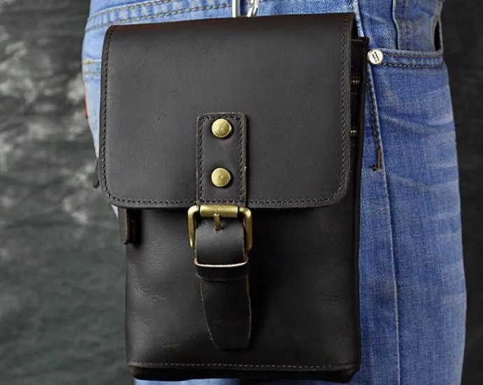 Mens Leather Small Side Bag  Waist Pouch COURIER BAG Holster Belt Case Belt Pouch for Men