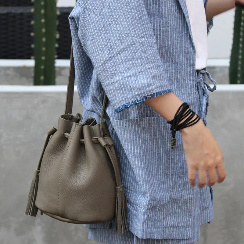 Mini LEATHER WOMEN Barrel Bag Small Bucket Purse SHOULDER Purses FOR WOMEN