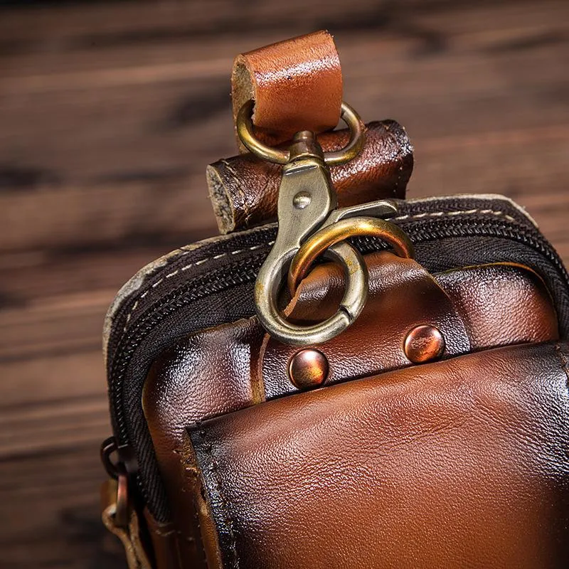 Oiled Brown Leather Cell Phone Retro Belt Pouch for Men Waist Bags BELT BAG For Men
