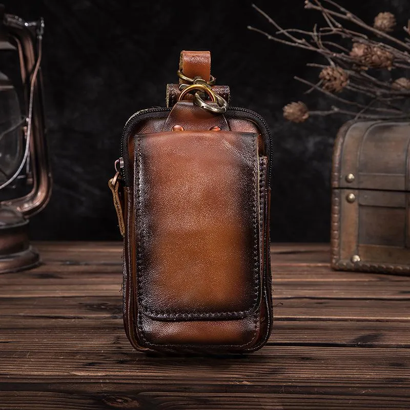 Oiled Brown Leather Cell Phone Retro Belt Pouch for Men Waist Bags BELT BAG For Men