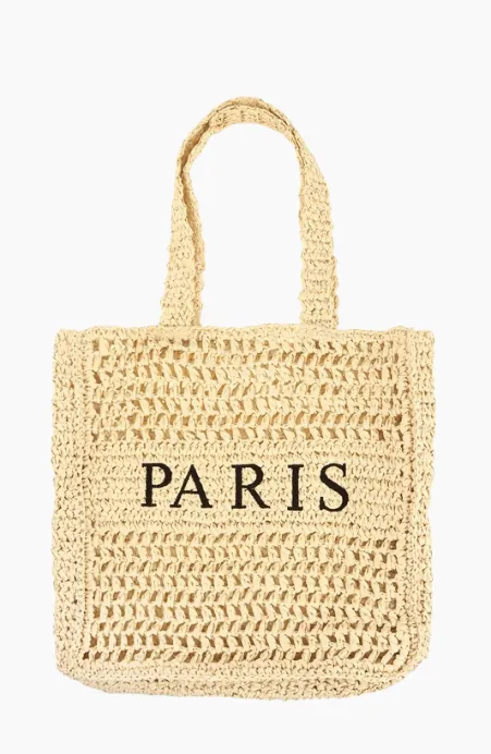 PARIS Embroidered Straw Tote Bag