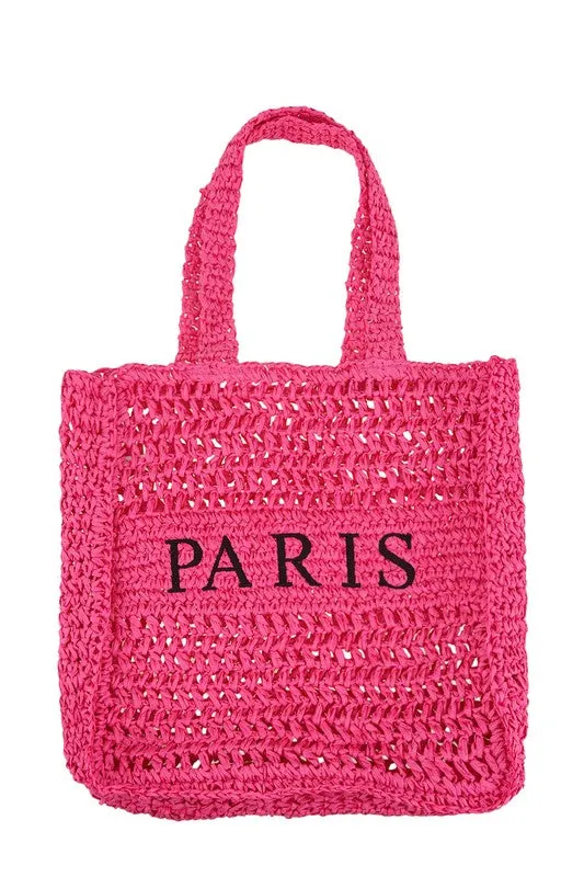 PARIS Embroidered Straw Tote Bag