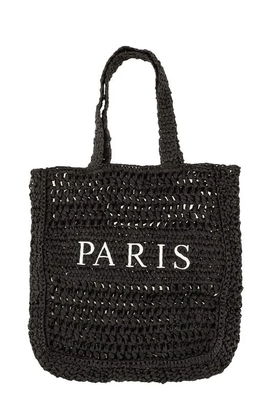 PARIS Embroidered Straw Tote Bag