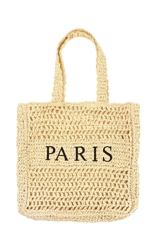 PARIS Embroidered Straw Tote Bag