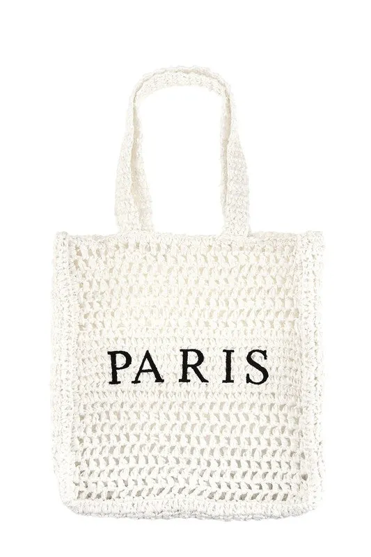 PARIS Embroidered Straw Tote Bag