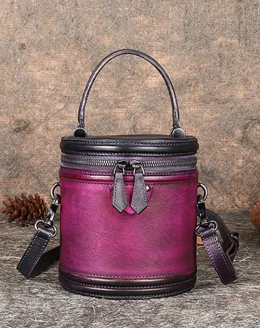 Purple Leather Womens Bucket Handbag Barrel Shoulder Bag Crossbody Purse for Ladies