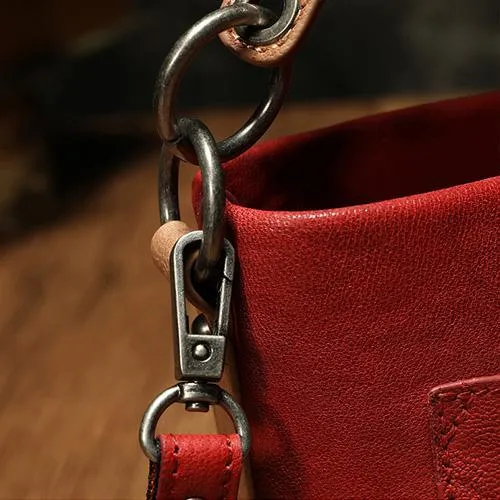 Red Cute Small Womens Leather Bucket Handbag Brown Fashion Barrel Purses for Ladies