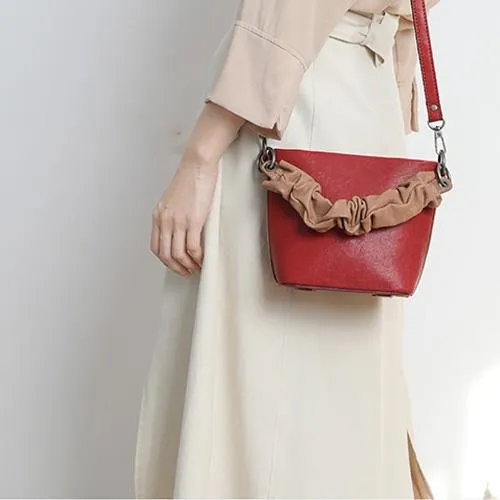 Red Cute Small Womens Leather Bucket Handbag Brown Fashion Barrel Purses for Ladies
