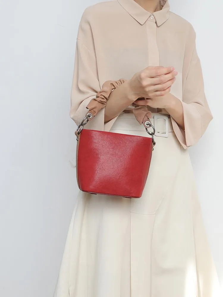 Red Cute Small Womens Leather Bucket Handbag Brown Fashion Barrel Purses for Ladies