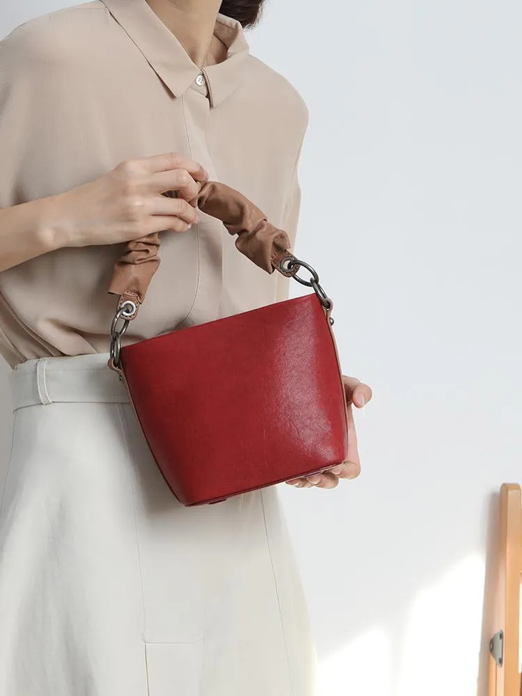 Red Cute Small Womens Leather Bucket Handbag Brown Fashion Barrel Purses for Ladies