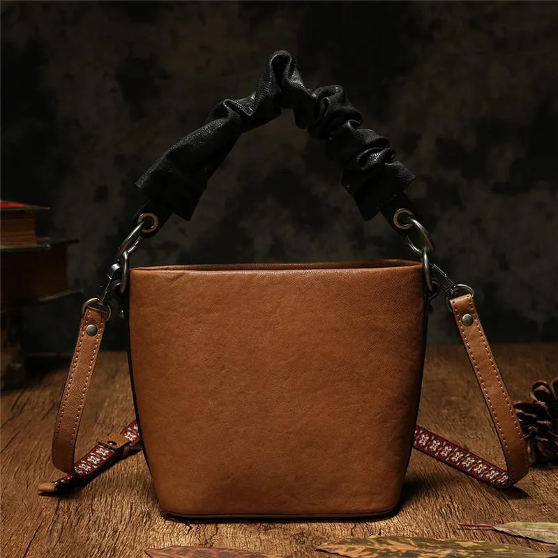 Red Cute Small Womens Leather Bucket Handbag Brown Fashion Barrel Purses for Ladies