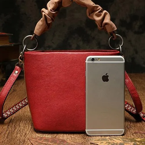 Red Cute Small Womens Leather Bucket Handbag Brown Fashion Barrel Purses for Ladies