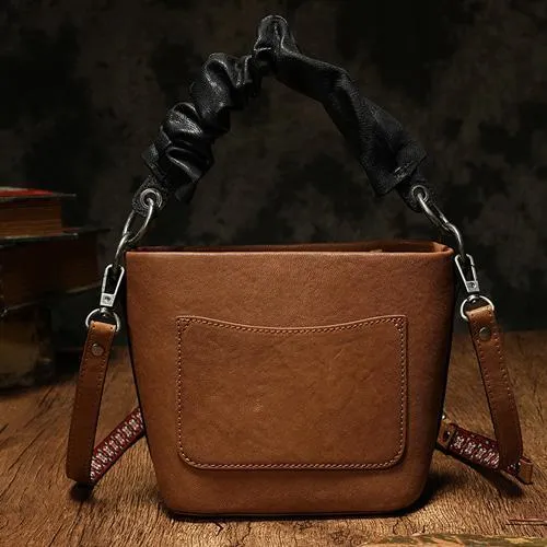 Red Cute Small Womens Leather Bucket Handbag Brown Fashion Barrel Purses for Ladies