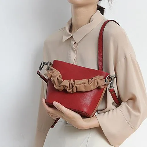 Red Cute Small Womens Leather Bucket Handbag Brown Fashion Barrel Purses for Ladies