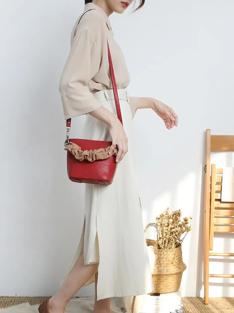 Red Cute Small Womens Leather Bucket Handbag Brown Fashion Barrel Purses for Ladies