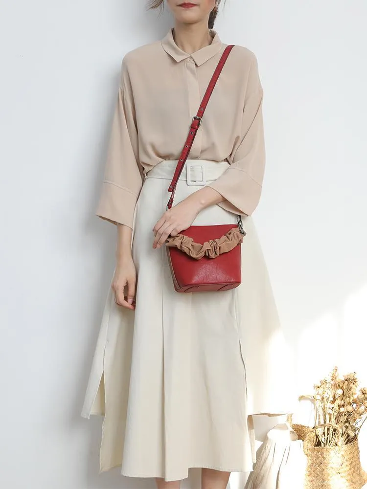 Red Cute Small Womens Leather Bucket Handbag Brown Fashion Barrel Purses for Ladies