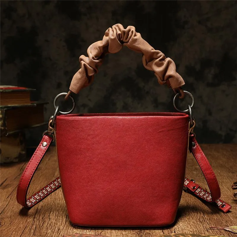 Red Cute Small Womens Leather Bucket Handbag Brown Fashion Barrel Purses for Ladies