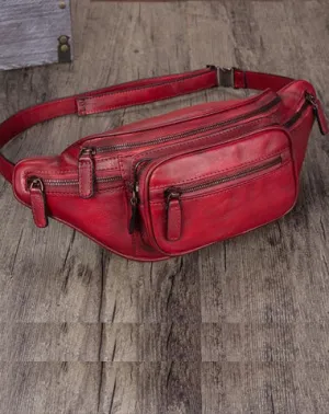 Red Leather Womens Fanny Pack Hip Belt Bags Brown Waist Bag Hip Bag Bum Bag for Women