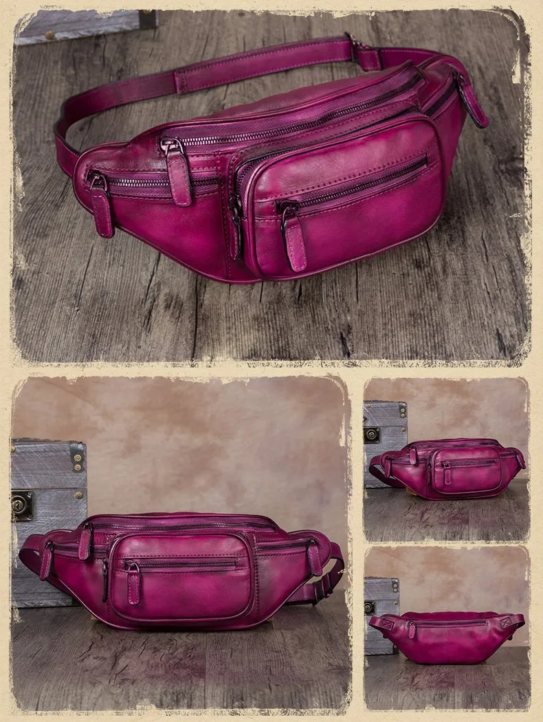 Red Leather Womens Fanny Pack Hip Belt Bags Brown Waist Bag Hip Bag Bum Bag for Women