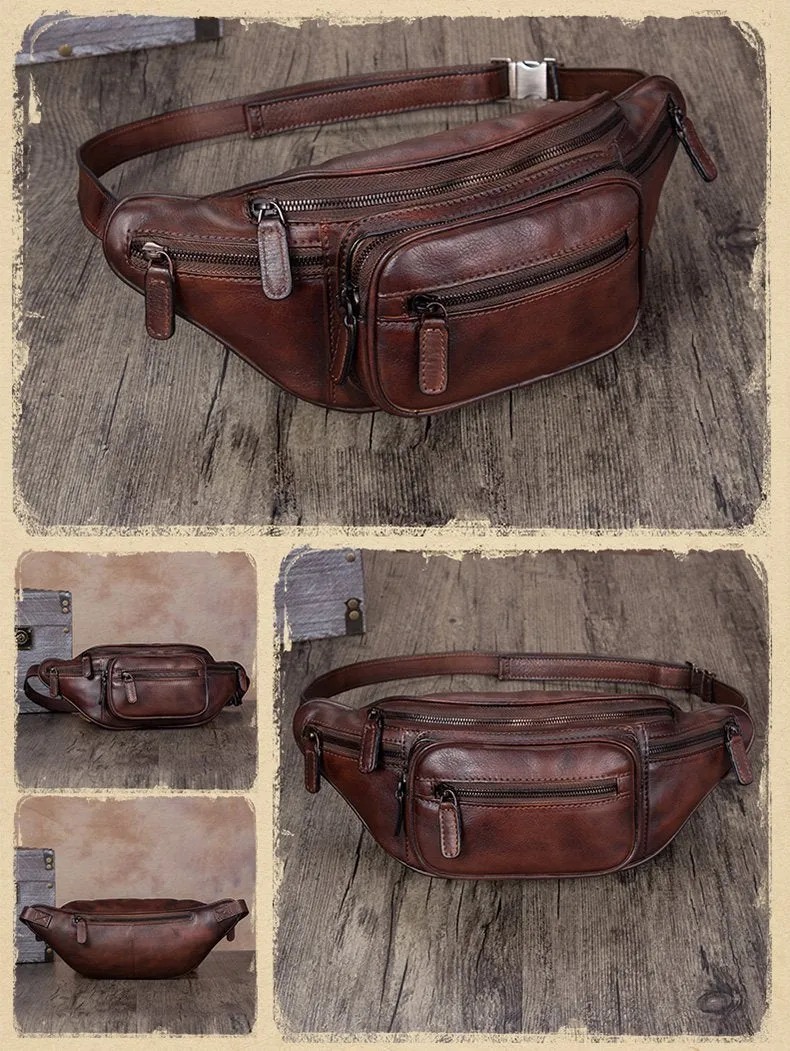 Red Leather Womens Fanny Pack Hip Belt Bags Brown Waist Bag Hip Bag Bum Bag for Women