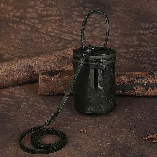 Red Womens Leather Bucket Handbag Womens Barrel Purse Small Brown Bucket Shoulder Purse