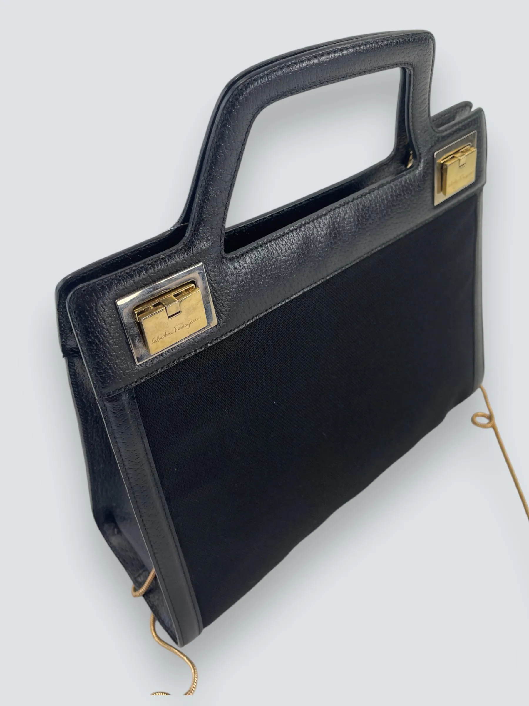 Salvatore Ferragamo Vintage Black Canvas & Leather Handbag