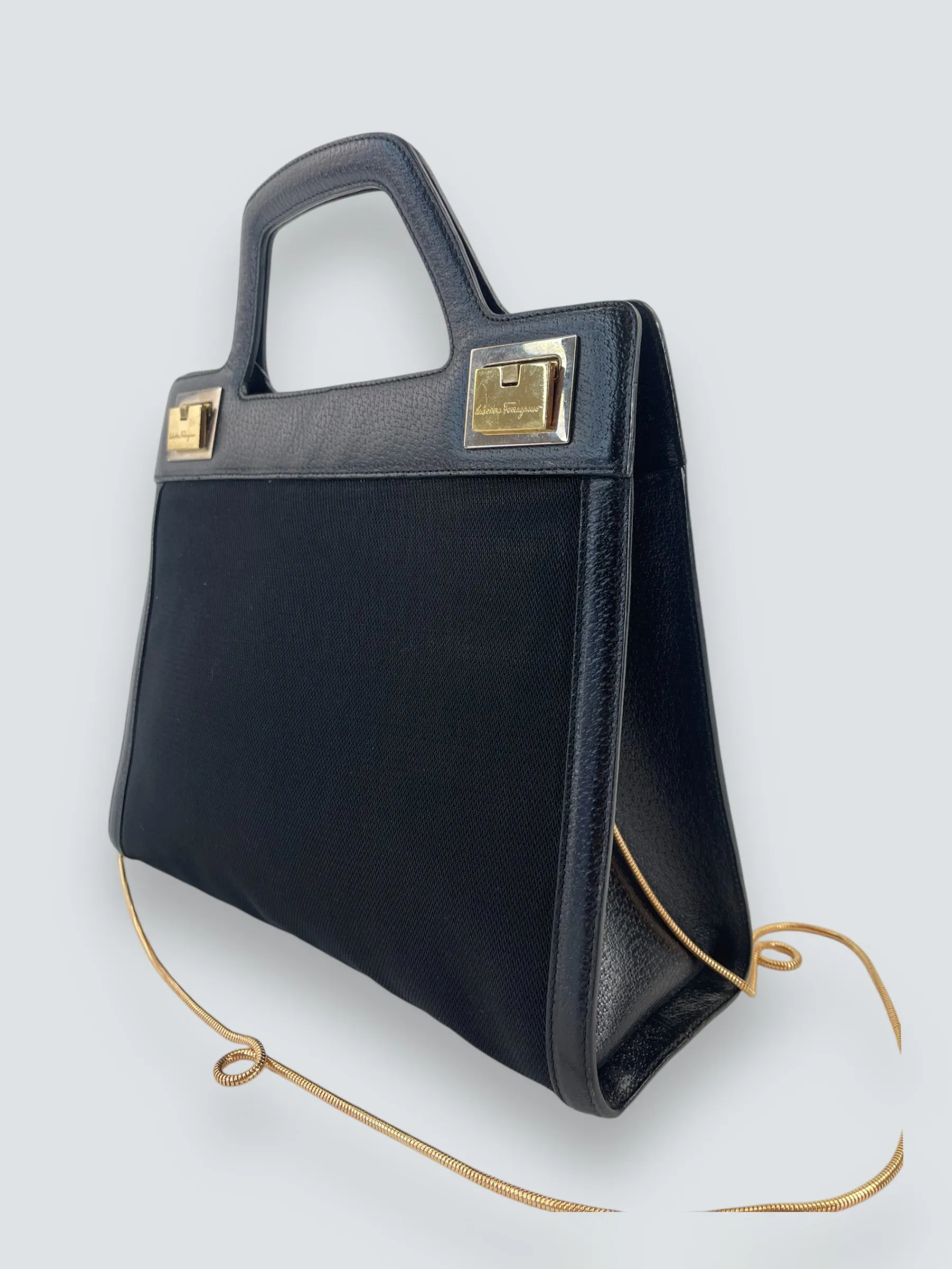 Salvatore Ferragamo Vintage Black Canvas & Leather Handbag