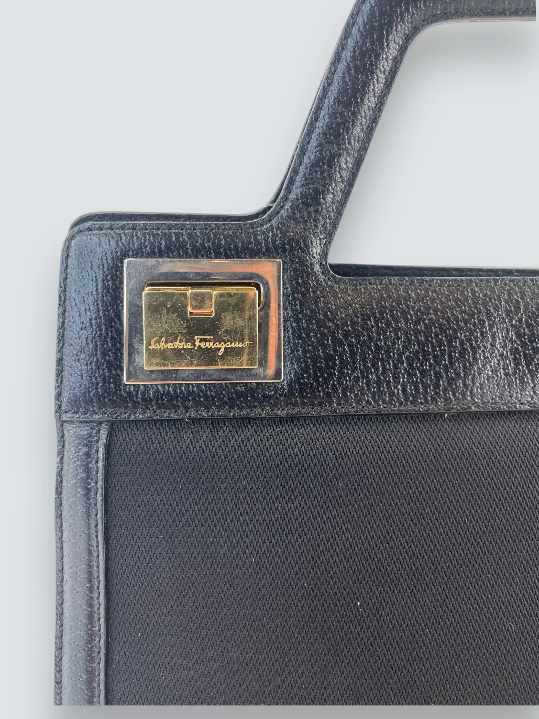 Salvatore Ferragamo Vintage Black Canvas & Leather Handbag