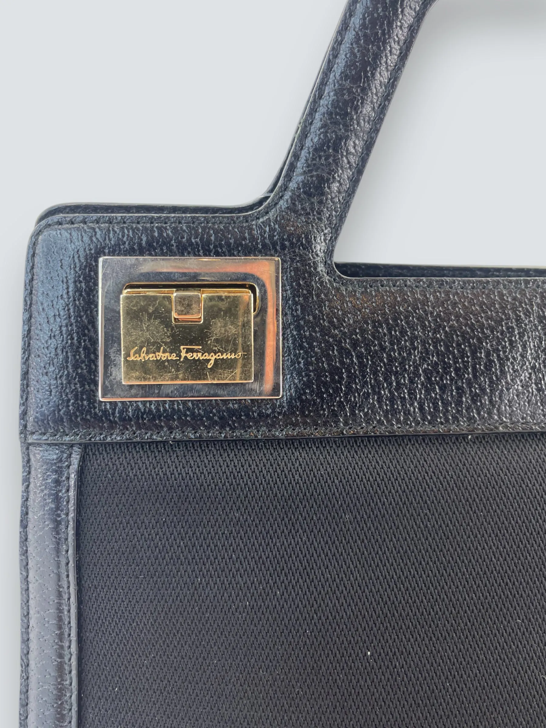 Salvatore Ferragamo Vintage Black Canvas & Leather Handbag