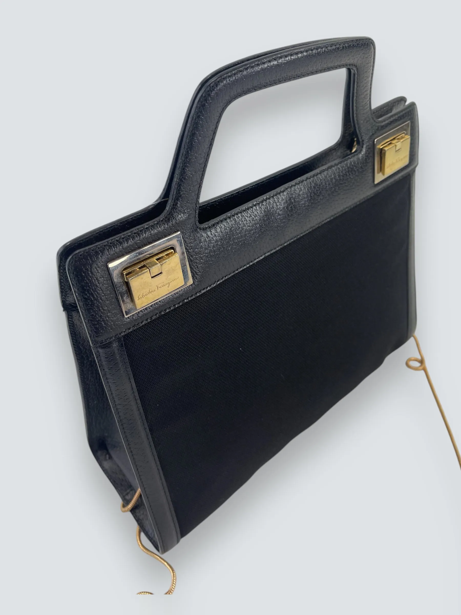 Salvatore Ferragamo Vintage Black Canvas & Leather Handbag