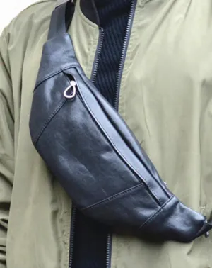 Slim Leather Black Fanny Pack Men's Black Chest Bag Hip Bag Small Waist Bags For Men