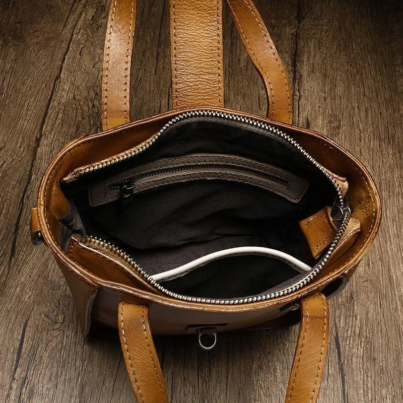Small Vintage Red Womens Leather Bucket Handbag Brown Leather Bucket Shoulder Purse for Ladies