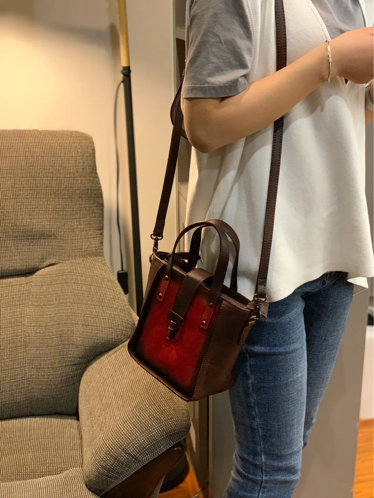 Small Vintage Red Womens Leather Bucket Handbag Brown Leather Bucket Shoulder Purse for Ladies