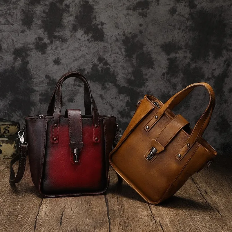 Small Vintage Red Womens Leather Bucket Handbag Brown Leather Bucket Shoulder Purse for Ladies