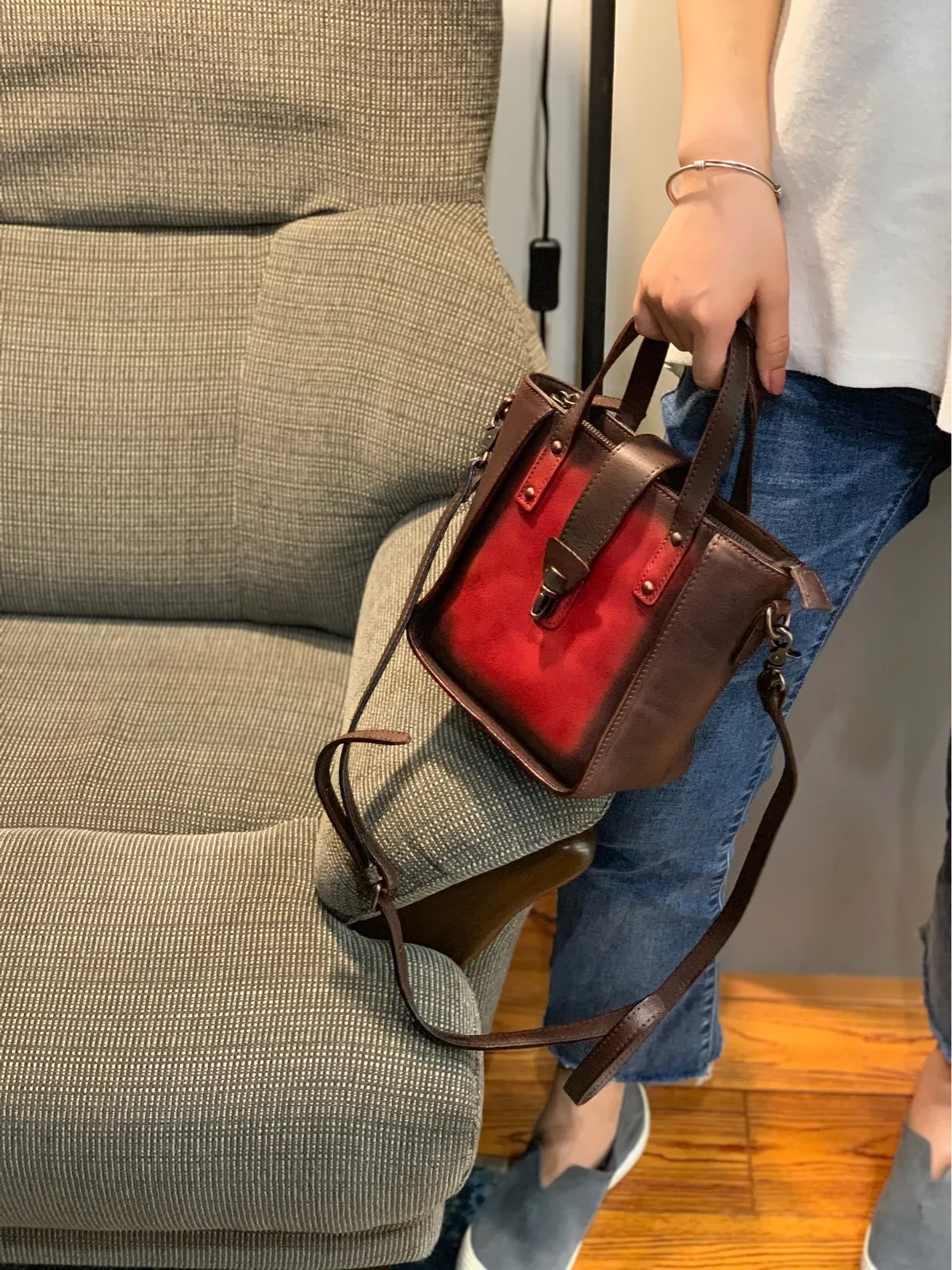 Small Vintage Red Womens Leather Bucket Handbag Brown Leather Bucket Shoulder Purse for Ladies