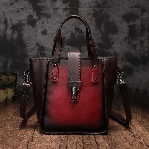 Small Vintage Red Womens Leather Bucket Handbag Brown Leather Bucket Shoulder Purse for Ladies