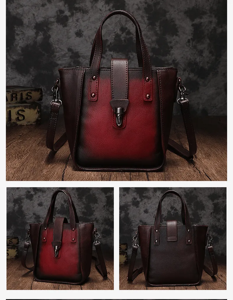 Small Vintage Red Womens Leather Bucket Handbag Brown Leather Bucket Shoulder Purse for Ladies