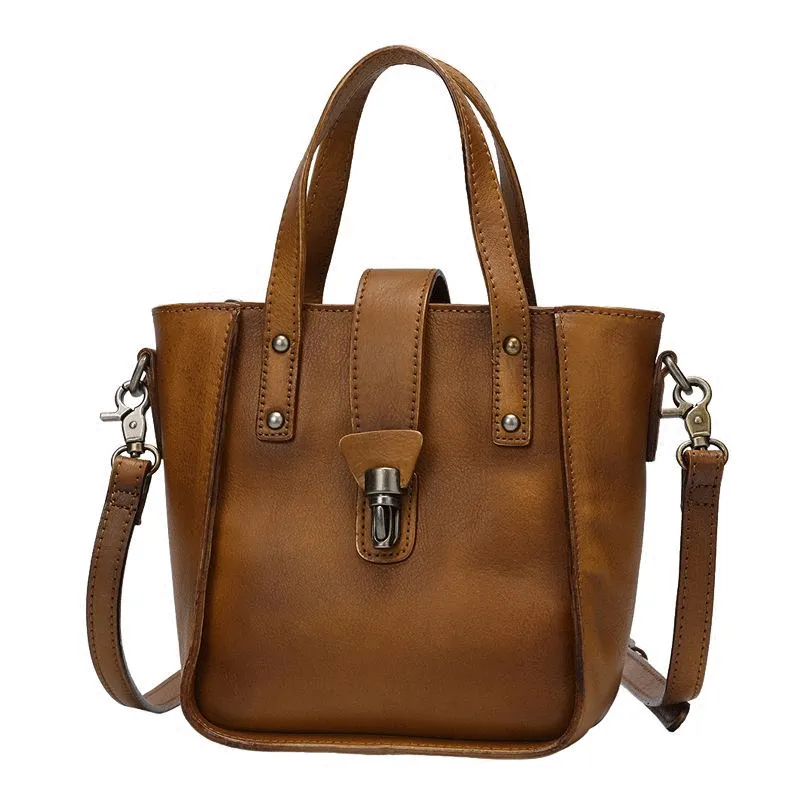 Small Vintage Red Womens Leather Bucket Handbag Brown Leather Bucket Shoulder Purse for Ladies