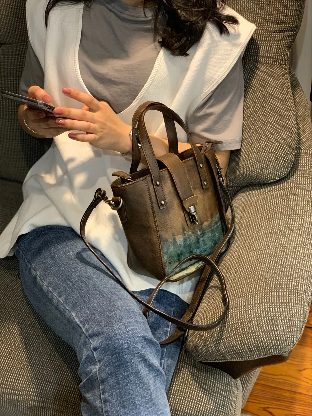 Small Vintage Red Womens Leather Bucket Handbag Brown Leather Bucket Shoulder Purse for Ladies