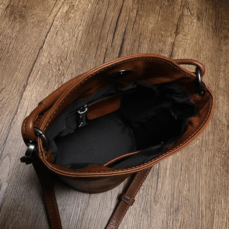 Small Womens Brown Leather Bucket Handbag Vintage Shoulder Barrel Purses for Ladies