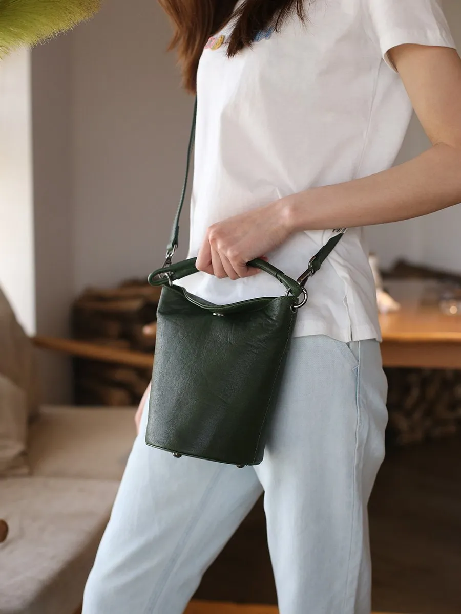 Small Womens Brown Leather Bucket Handbag Vintage Shoulder Barrel Purses for Ladies