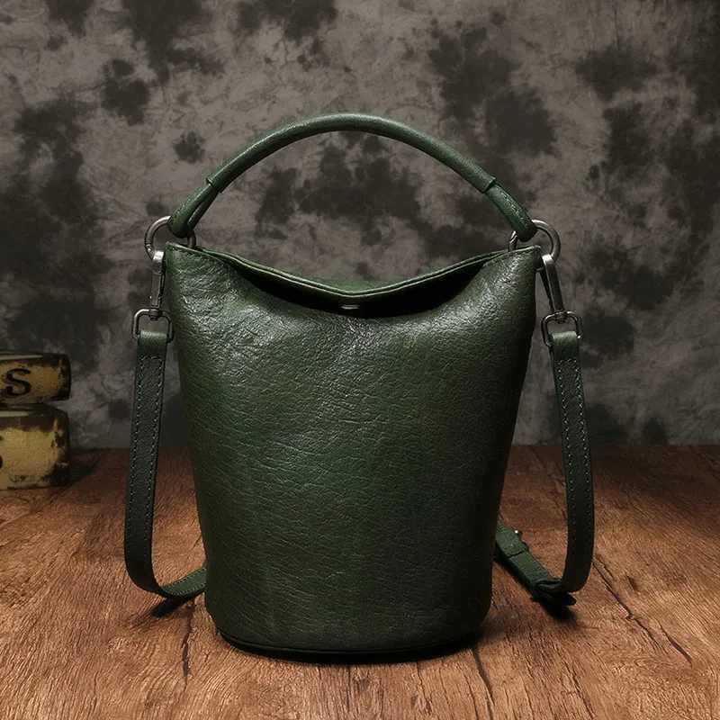 Small Womens Brown Leather Bucket Handbag Vintage Shoulder Barrel Purses for Ladies