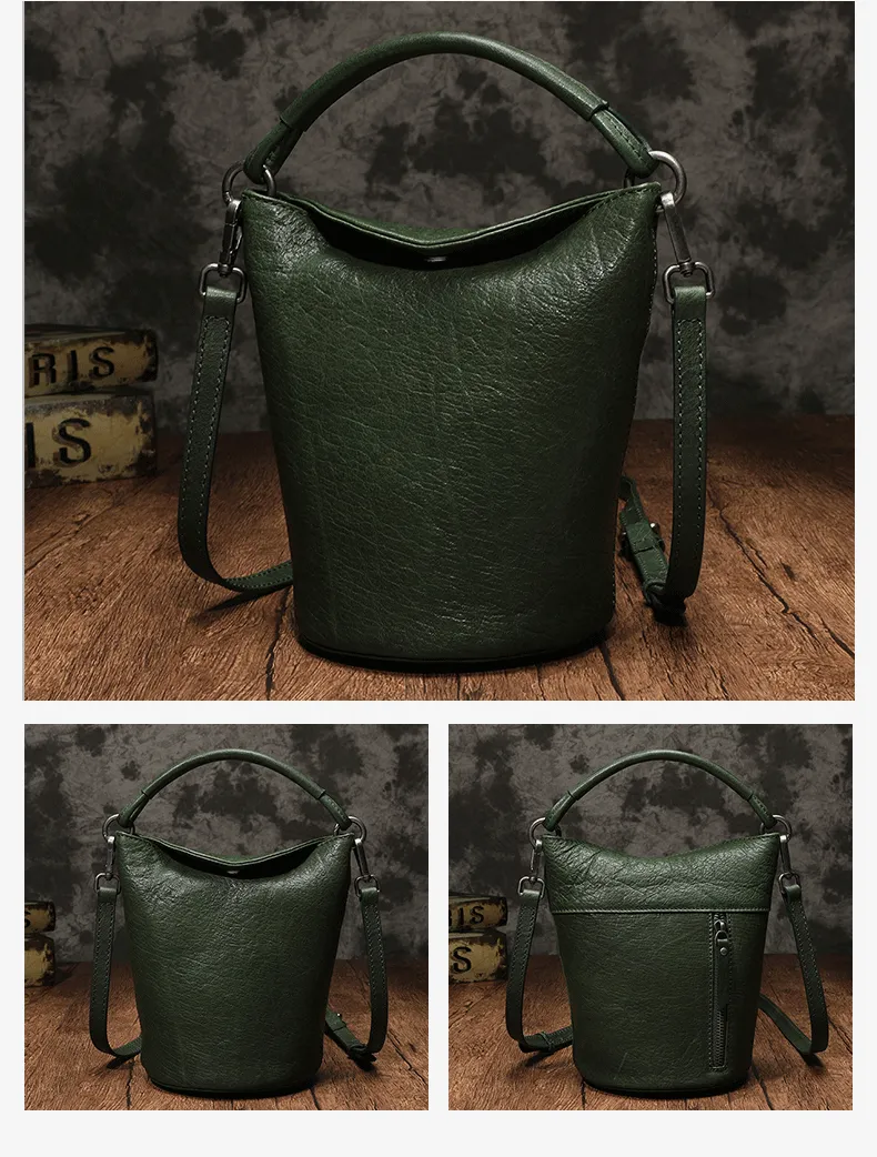 Small Womens Brown Leather Bucket Handbag Vintage Shoulder Barrel Purses for Ladies