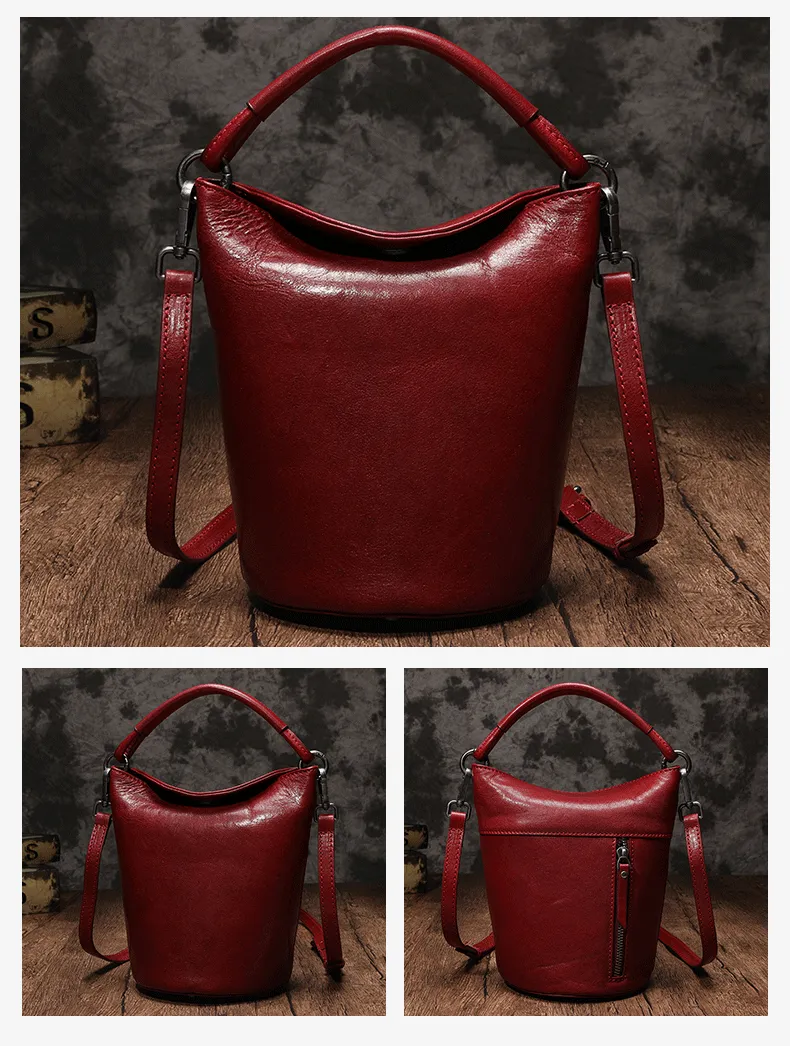 Small Womens Brown Leather Bucket Handbag Vintage Shoulder Barrel Purses for Ladies