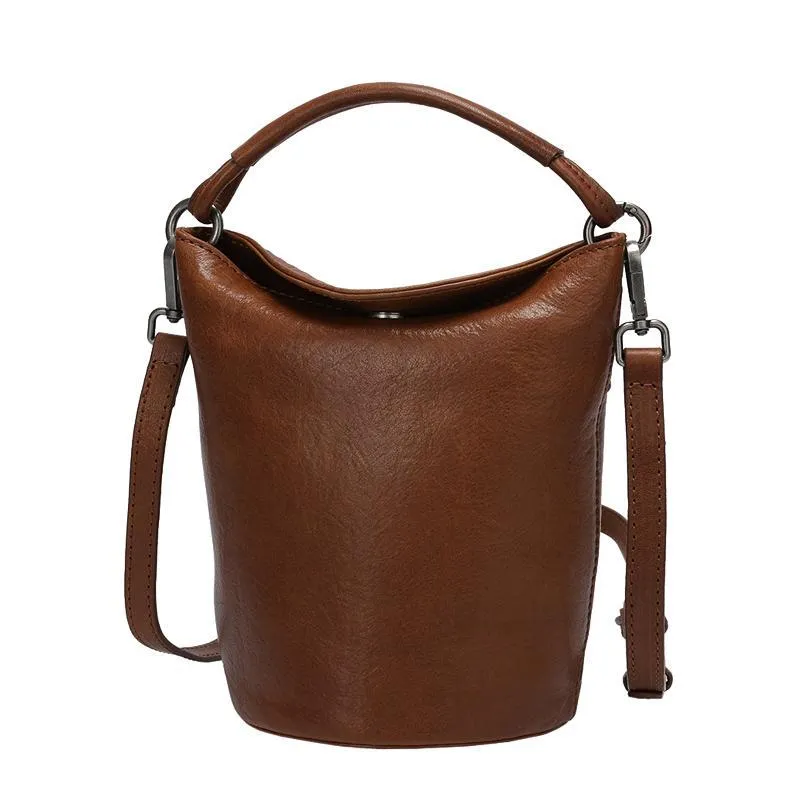 Small Womens Brown Leather Bucket Handbag Vintage Shoulder Barrel Purses for Ladies