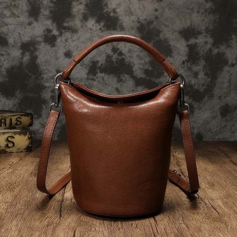 Small Womens Brown Leather Bucket Handbag Vintage Shoulder Barrel Purses for Ladies