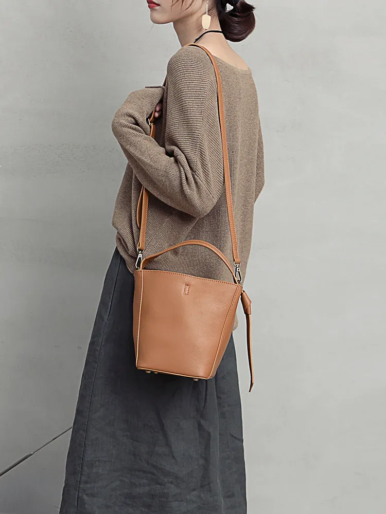 Stylish Leather Brown Gray Bucket Handbag Shoulder Bag Barrel Purse For Women