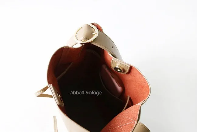 Stylish Leather Brown Womens Bucket Purse Crossbody Bag Barrel Shoulder Bag for Women